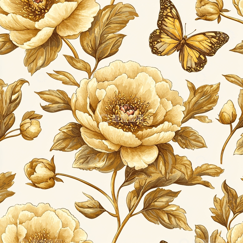 高清大图下载【趣麦麦图】金色花卉蝴蝶图案