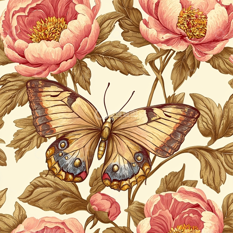 高清大图下载【趣麦麦图】蝴蝶与粉色牡丹的复古风图案