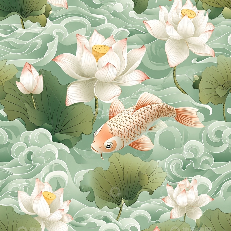 高清大图下载【趣麦麦图】锦鲤与荷花在水面