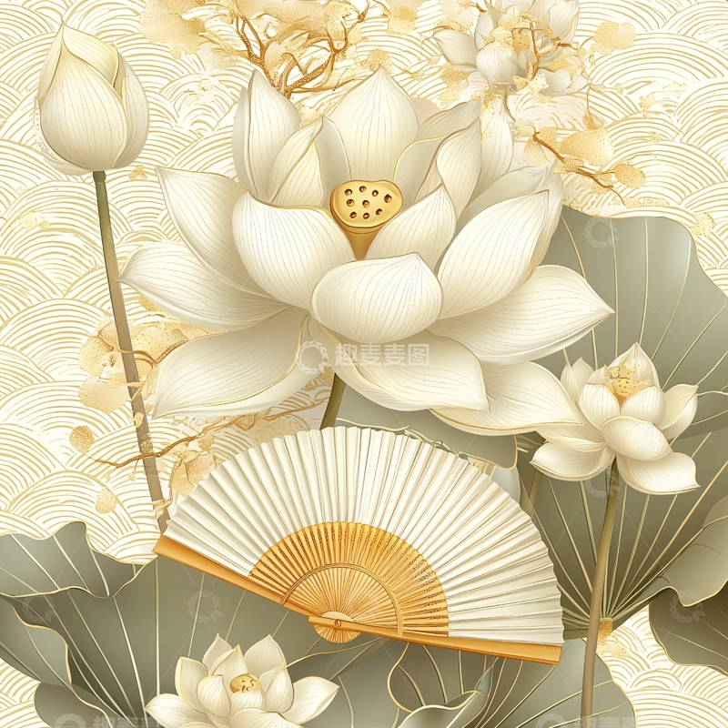 高清大图下载【趣麦麦图】白色莲花与扇子的国风画
