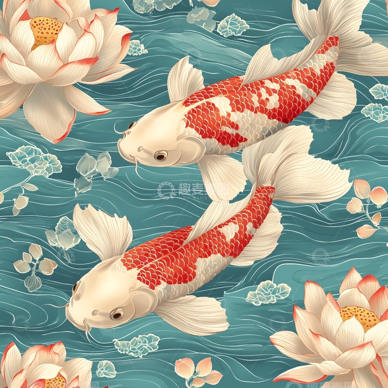 高清大图下载【趣麦麦图】锦鲤荷花水波纹图案