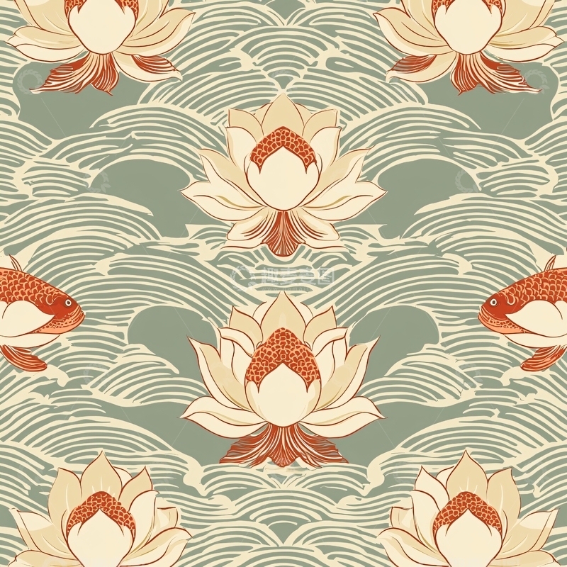 高清大图下载【趣麦麦图】莲花鲤鱼水波纹图案