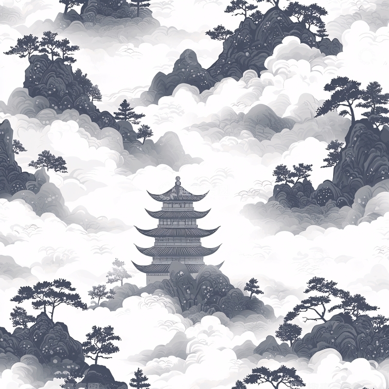 高清大图下载【趣麦麦图】水墨风山水间的塔