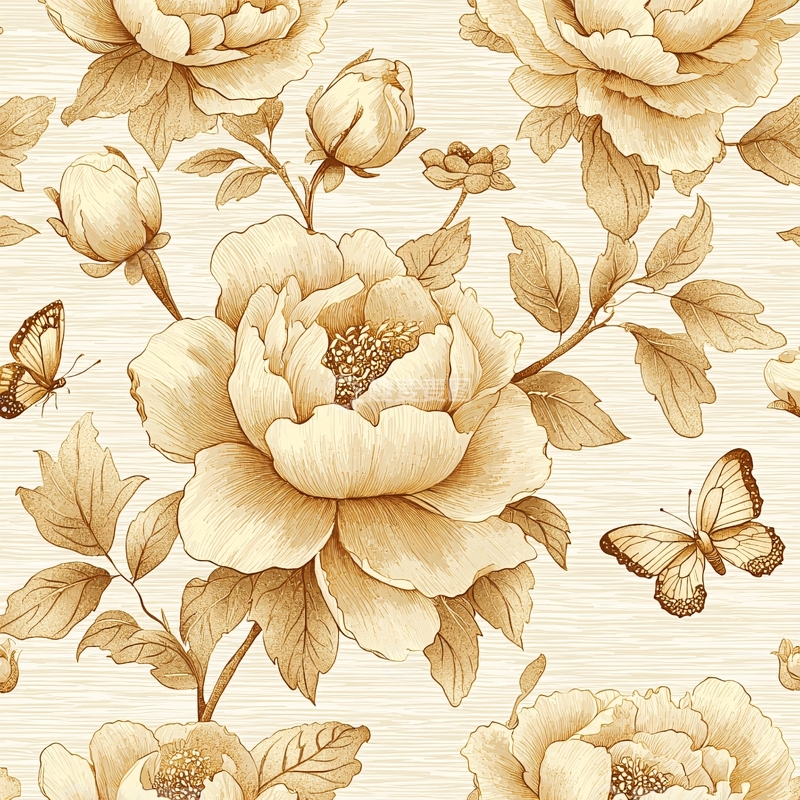高清大图下载【趣麦麦图】复古米色牡丹蝴蝶花纹