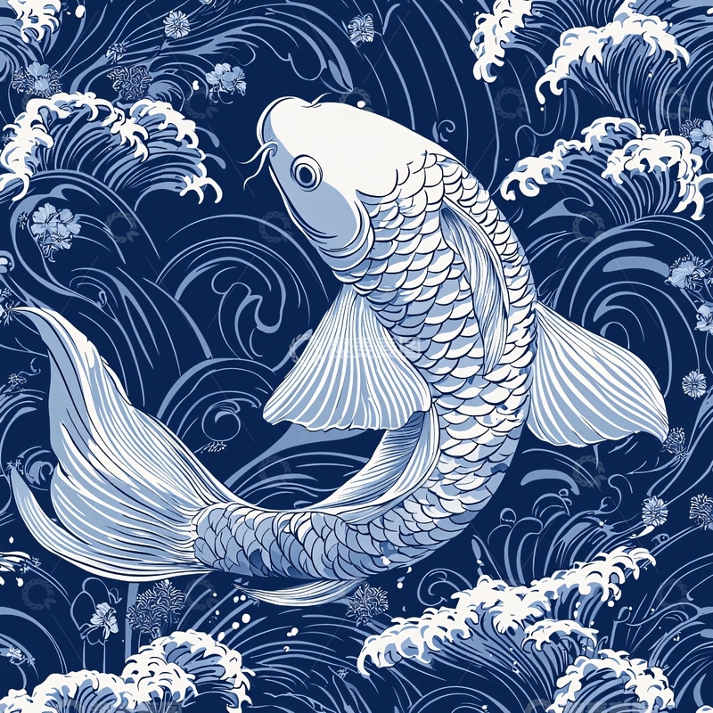 高清大图下载【趣麦麦图】青花瓷风格的锦鲤水纹