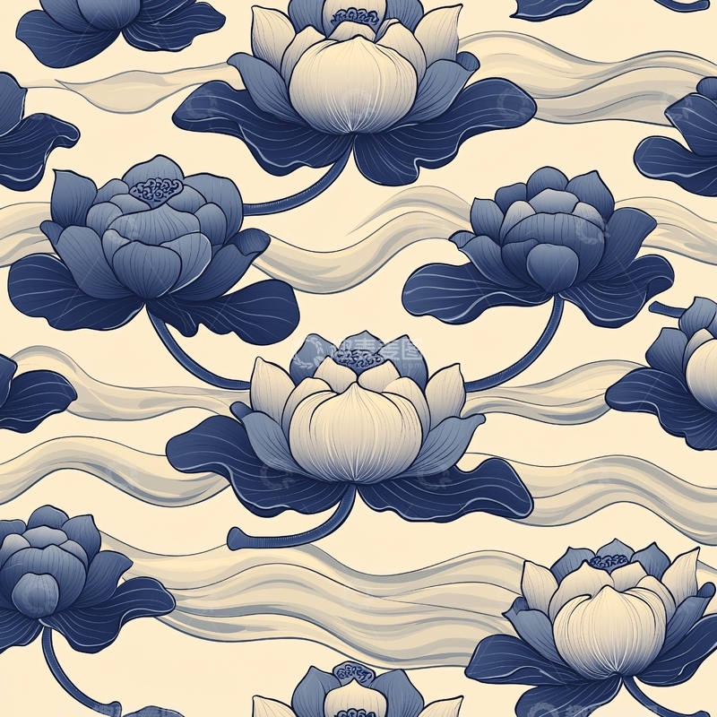 高清大图下载【趣麦麦图】蓝色莲花纹样背景