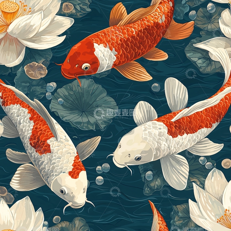 高清大图下载【趣麦麦图】锦鲤莲花水面装饰图案