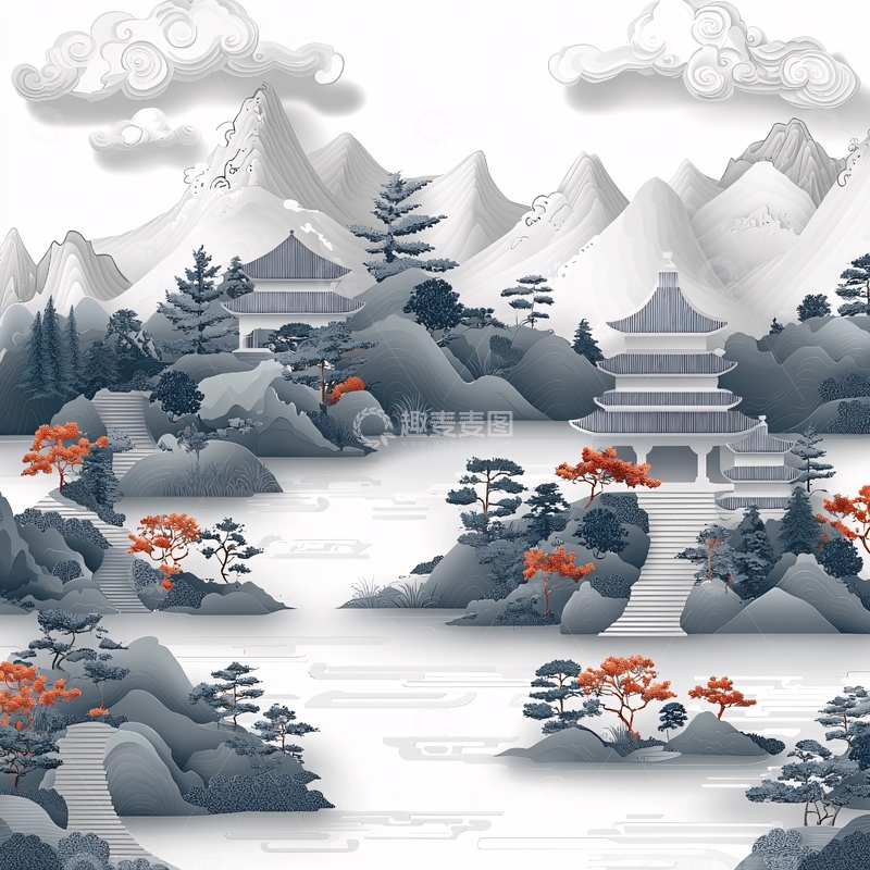 高清大图下载【趣麦麦图】水墨风山水寺庙景观