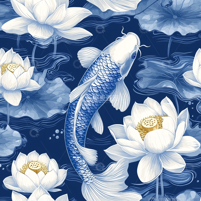 高清大图下载【趣麦麦图】青花瓷锦鲤荷花图案