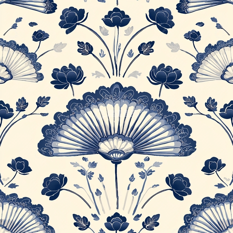 高清大图下载【趣麦麦图】青花瓷风格花卉扇形图案