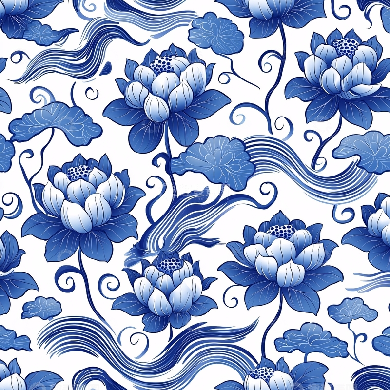 高清大图下载【趣麦麦图】青花瓷风格莲花重复图案