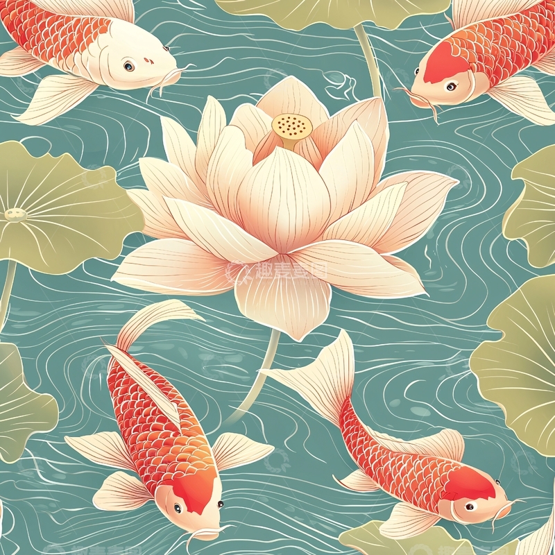 高清大图下载【趣麦麦图】锦鲤莲花水波纹图案