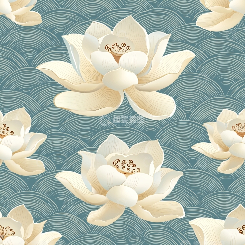 高清大图下载【趣麦麦图】白色莲花蓝色水波纹图案