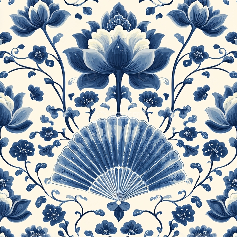 高清大图下载【趣麦麦图】青花瓷风格花卉扇子图案