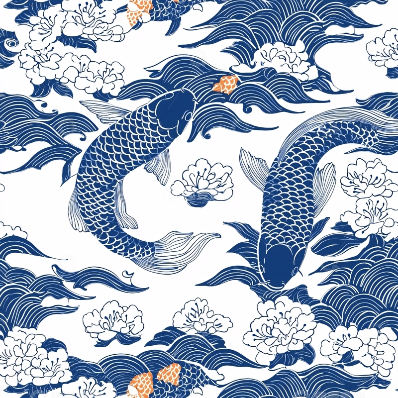 高清大图下载【趣麦麦图】蓝色的鲤鱼在波涛中