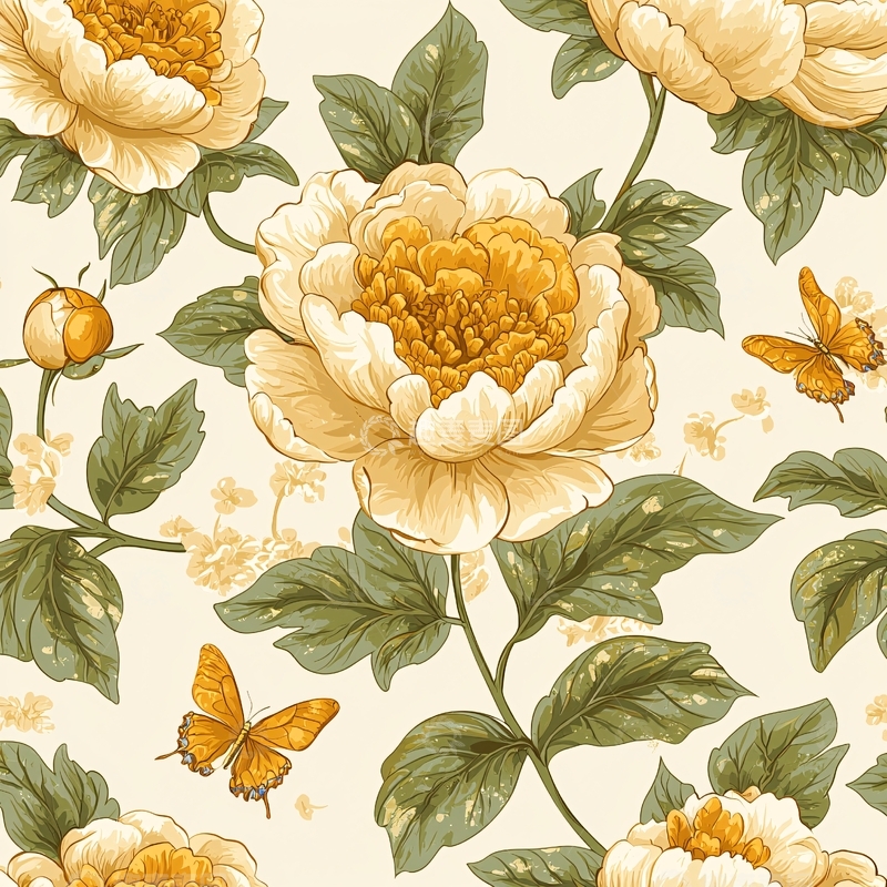 高清大图下载【趣麦麦图】奶油色牡丹与蝴蝶复古风