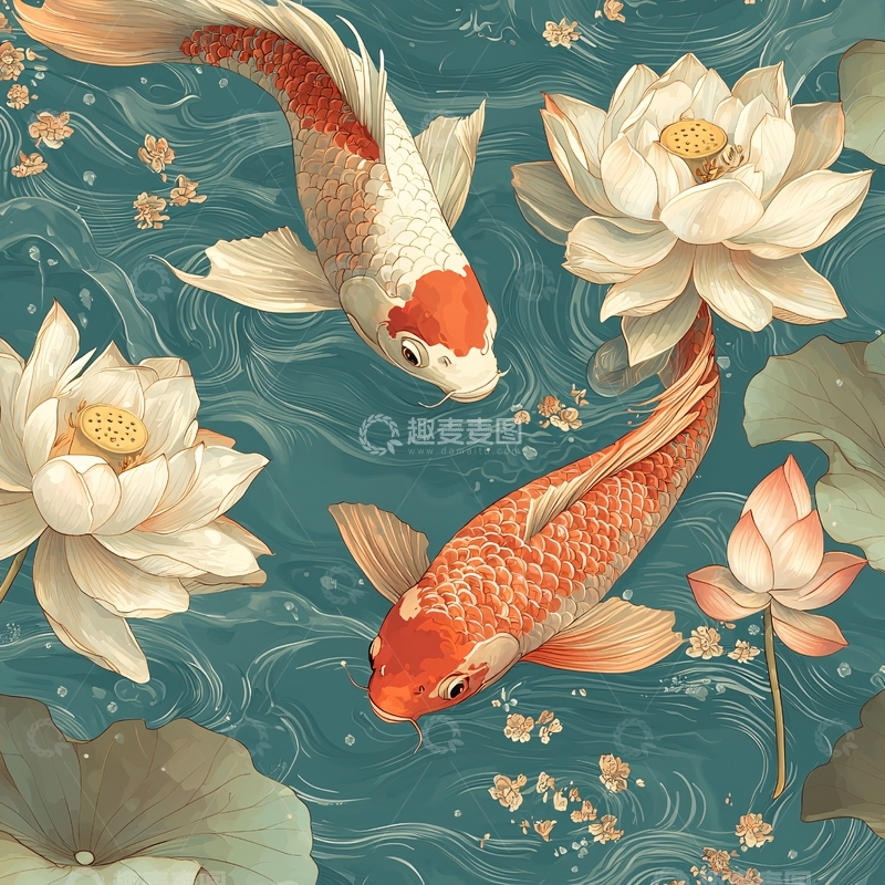 高清大图下载【趣麦麦图】水墨风锦鲤莲花图