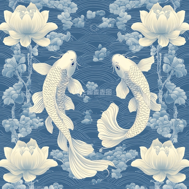 高清大图下载【趣麦麦图】锦鲤莲花祥云的蓝色水波纹背景