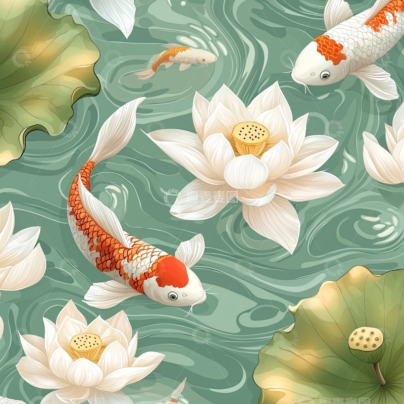 高清大图下载【趣麦麦图】锦鲤荷花池塘水纹