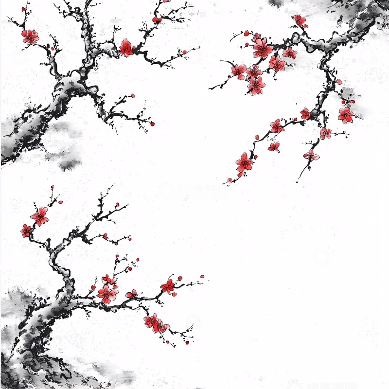 高清大图下载【趣麦麦图】水墨风红梅绽放枝头