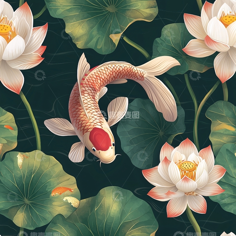 高清大图下载【趣麦麦图】锦鲤与荷花