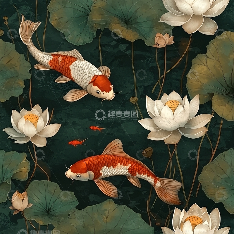 高清大图下载【趣麦麦图】锦鲤荷花图