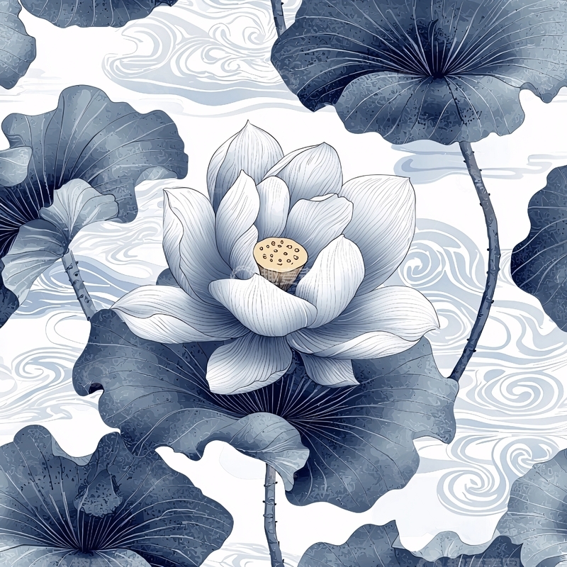 高清大图下载【趣麦麦图】水墨风蓝色荷花