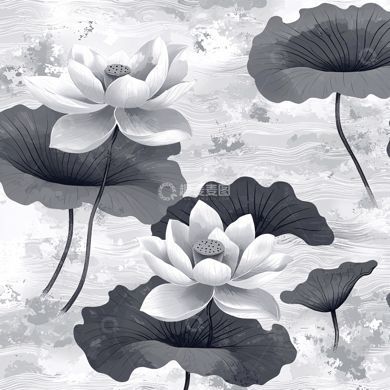 高清大图下载【趣麦麦图】黑白荷花水墨风格背景图
