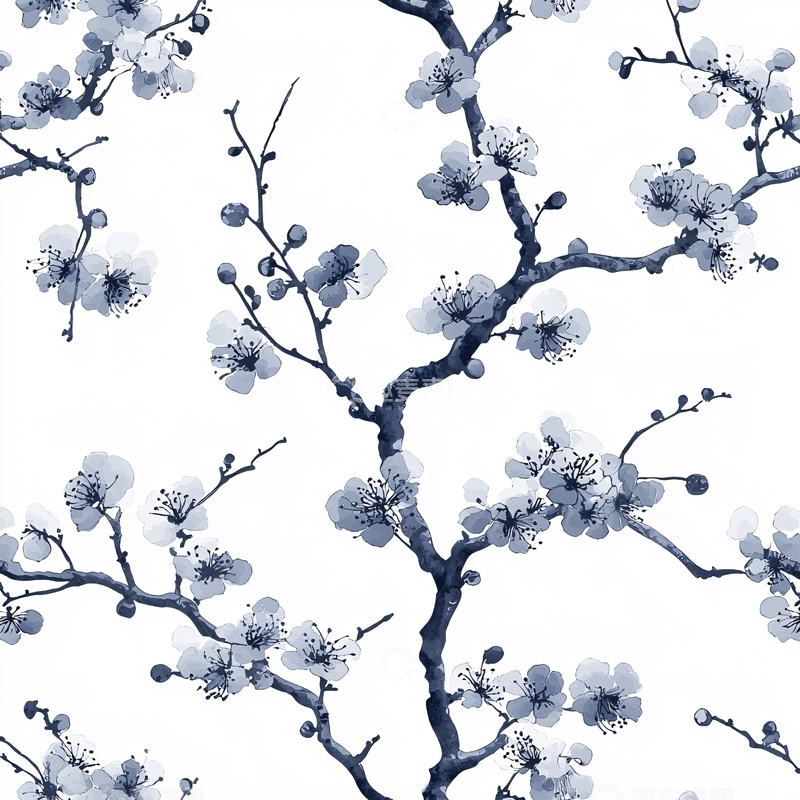 高清大图下载【趣麦麦图】水墨风蓝色梅花枝条