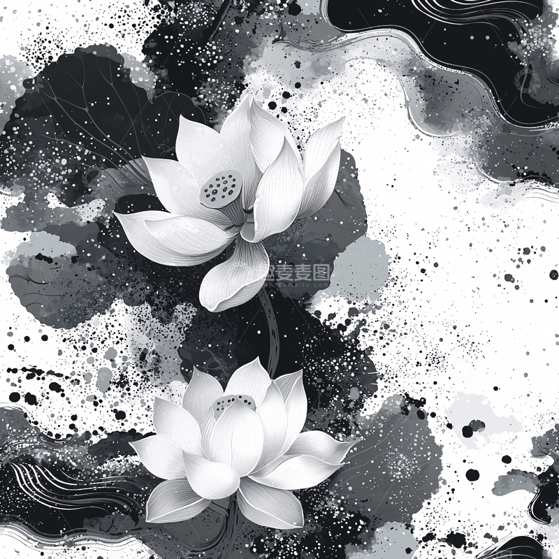 高清大图下载【趣麦麦图】水墨风荷花黑白写意画