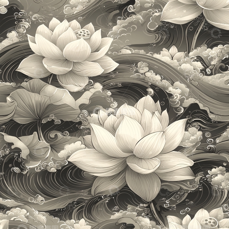 高清大图下载【趣麦麦图】黑白莲花水波纹图案