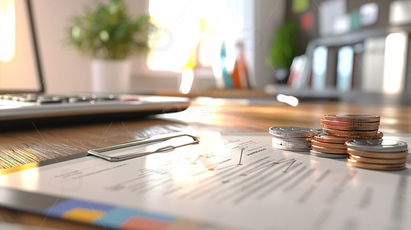 办公桌上的文件和硬币