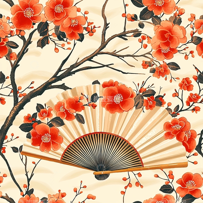高清大图下载【趣麦麦图】红色花朵折扇背景图