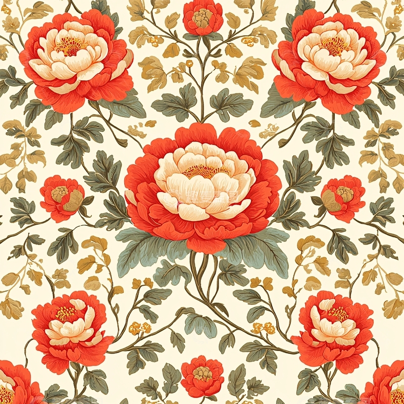 高清大图下载【趣麦麦图】红色牡丹花纹样图案