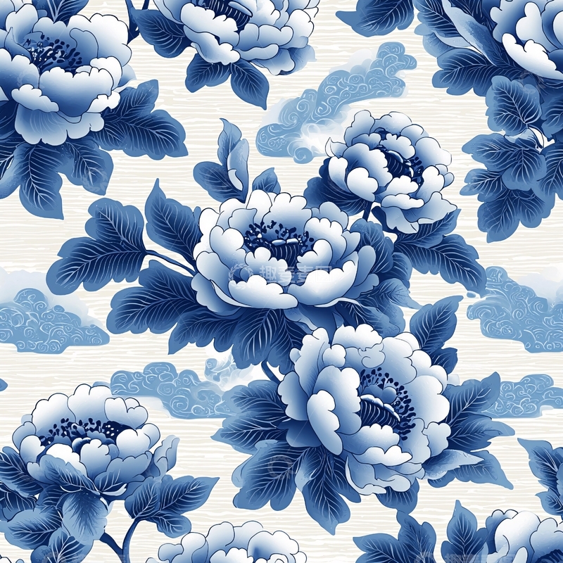 高清大图下载【趣麦麦图】青花瓷风格的牡丹纹样