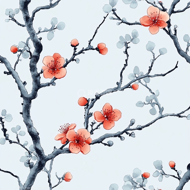 高清大图下载【趣麦麦图】水墨风格梅花绽放枝头