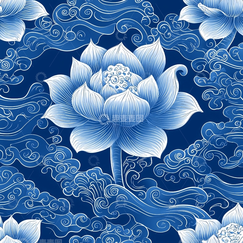 高清大图下载【趣麦麦图】蓝白色莲花与祥云图案