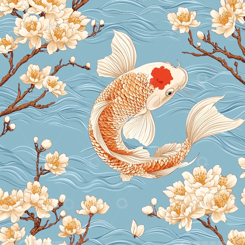 高清大图下载【趣麦麦图】锦鲤游弋在花瓣飘落的水面