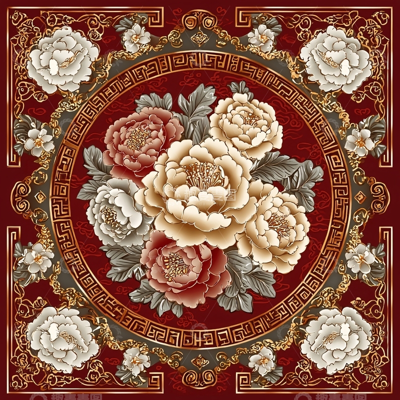 高清大图下载【趣麦麦图】中国风牡丹花纹样装饰画