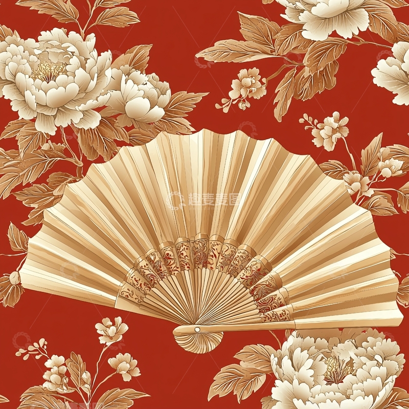 高清大图下载【趣麦麦图】金色扇子红色花朵