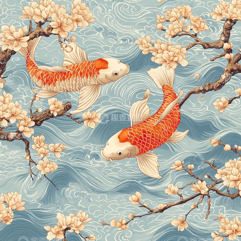 高清大图下载【趣麦麦图】锦鲤与盛开的桃花