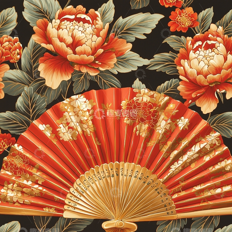 高清大图下载【趣麦麦图】红色扇子与花卉背景图案