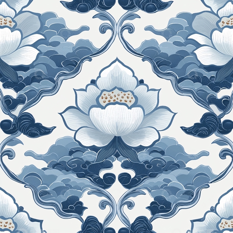 高清大图下载【趣麦麦图】蓝色花朵祥云对称图案