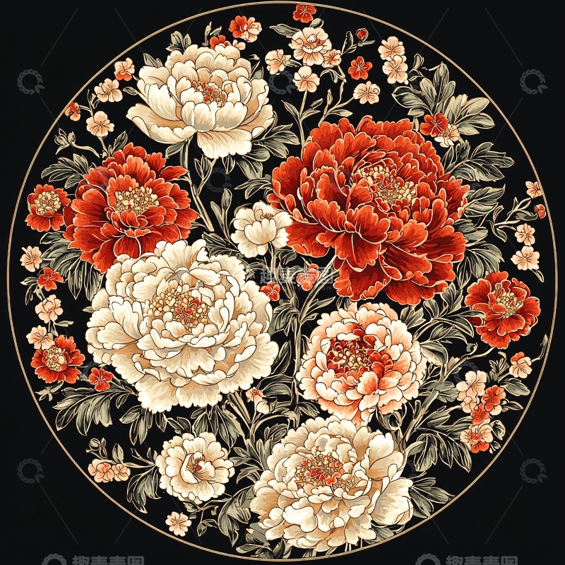 高清大图下载【趣麦麦图】圆形牡丹花图案