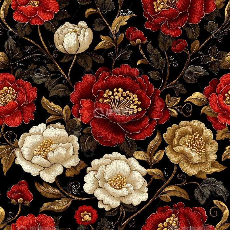 高清大图下载【趣麦麦图】红色白色牡丹花黑色背景