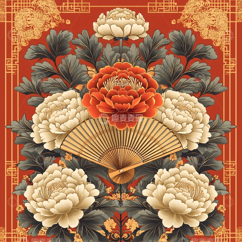 高清大图下载【趣麦麦图】中国风花卉折扇装饰画