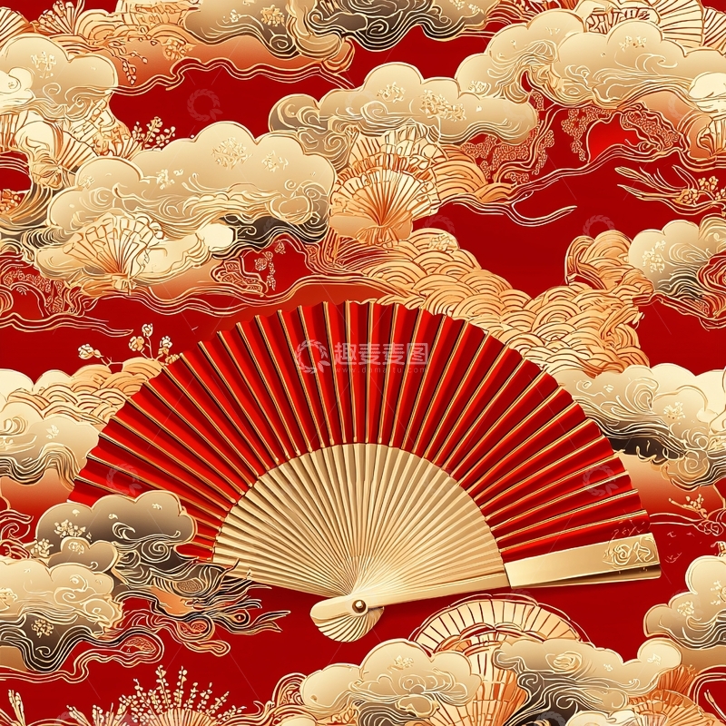 高清大图下载【趣麦麦图】红色云纹折扇背景图