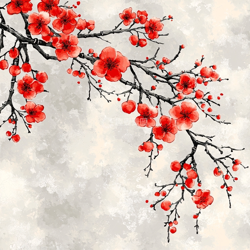 高清大图下载【趣麦麦图】红色花朵水墨枝干