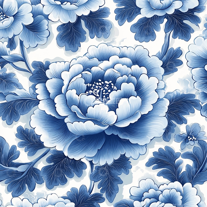 高清大图下载【趣麦麦图】青花瓷风格牡丹花纹
