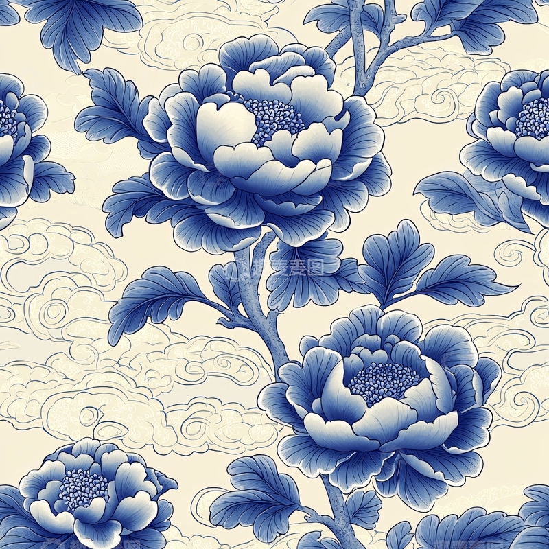 高清大图下载【趣麦麦图】青花瓷风格的牡丹花